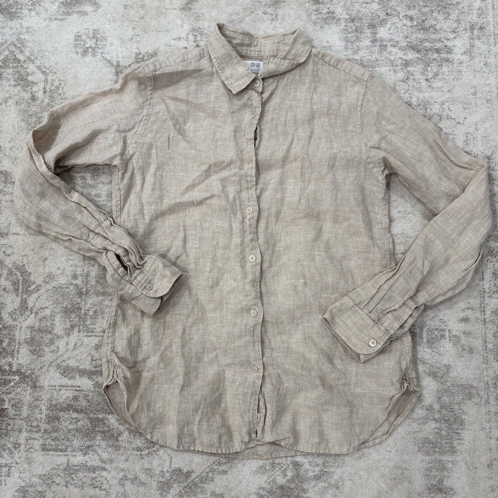 Uniqlo 100% Linen Button Up Shirt Womens Small Beige Long Sleeve